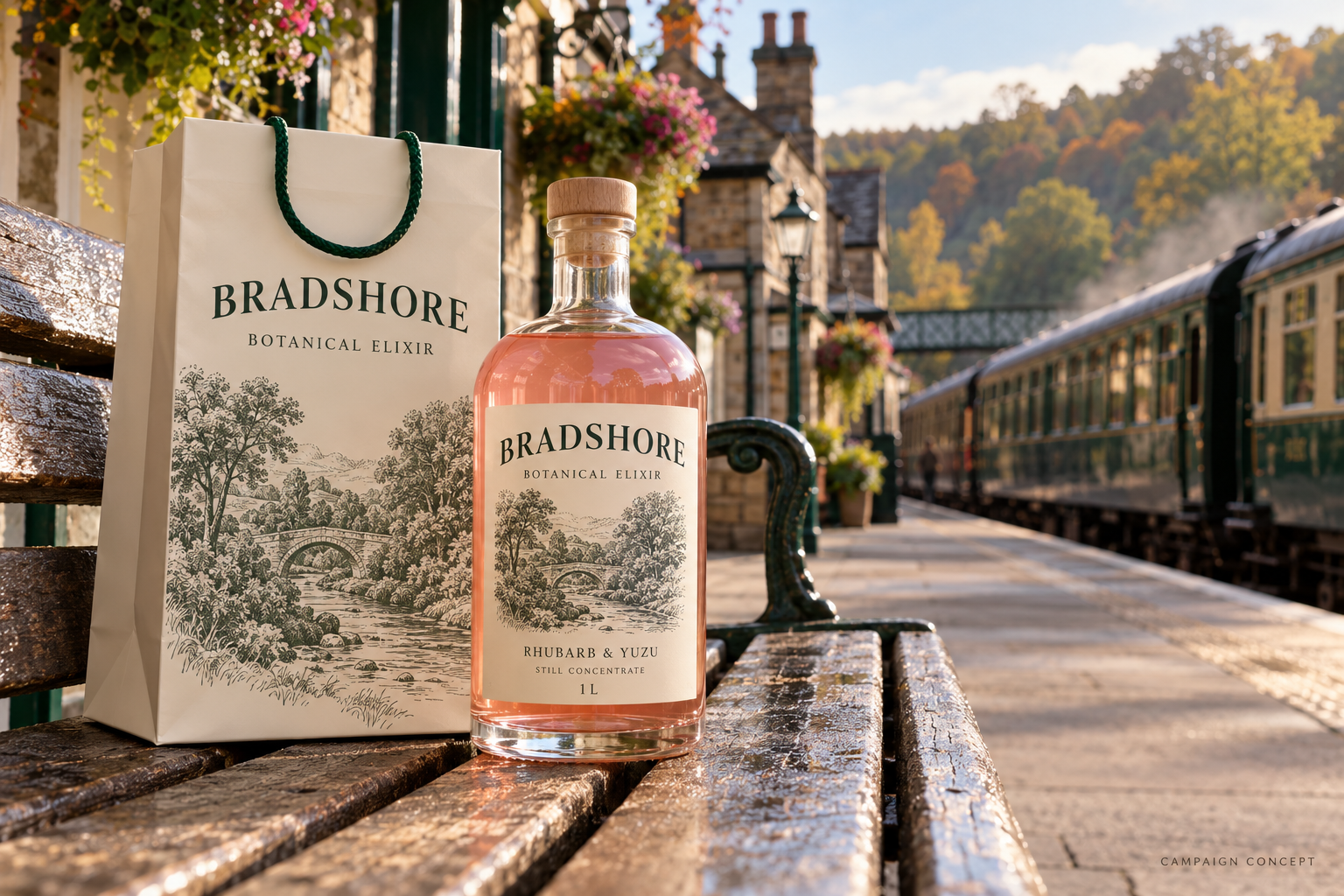 Concept: BRADSHORE bottle on a bench at a heritage railway station