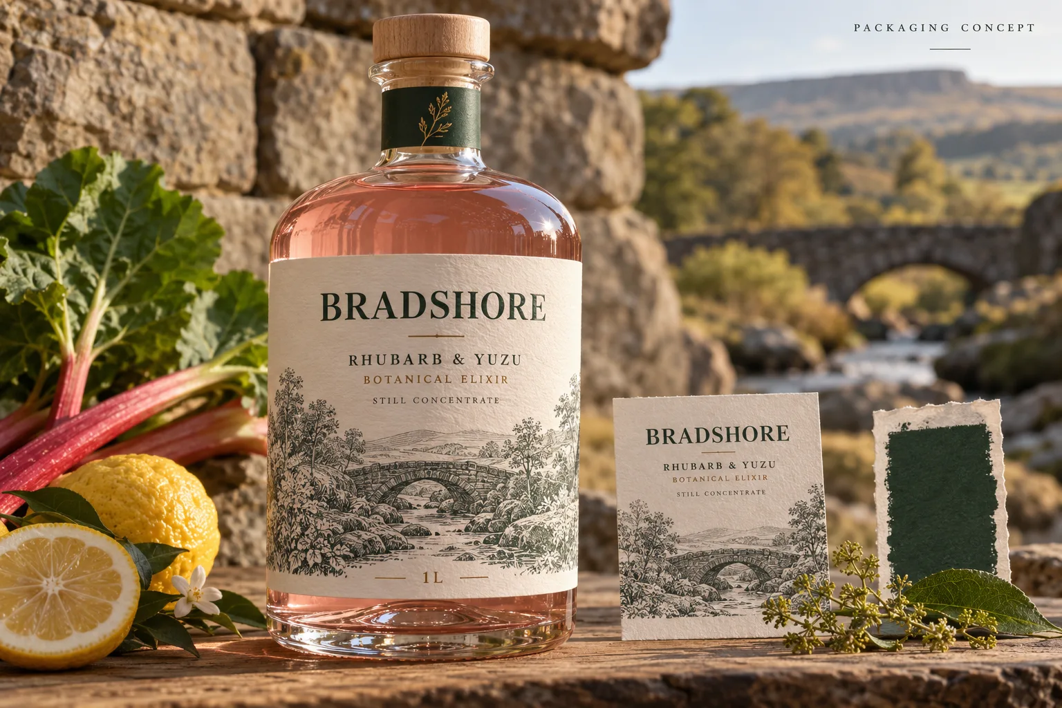 BRADSHORE Rhubarb & Yuzu bottle on a stone wall beside a Yorkshire beck and bridge
